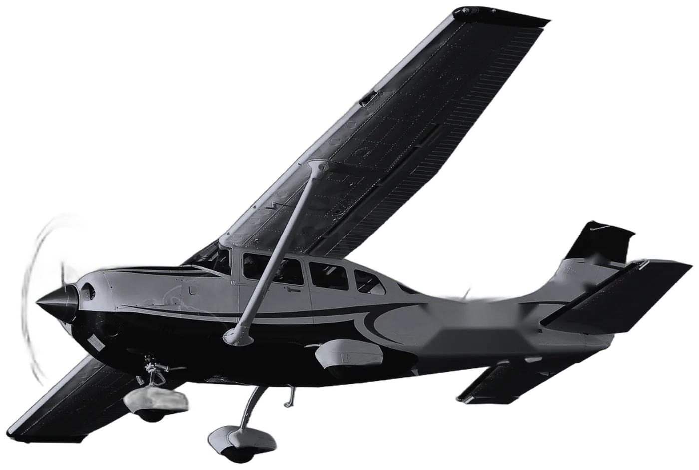 A high-wing charter aircraft banking through the clouds